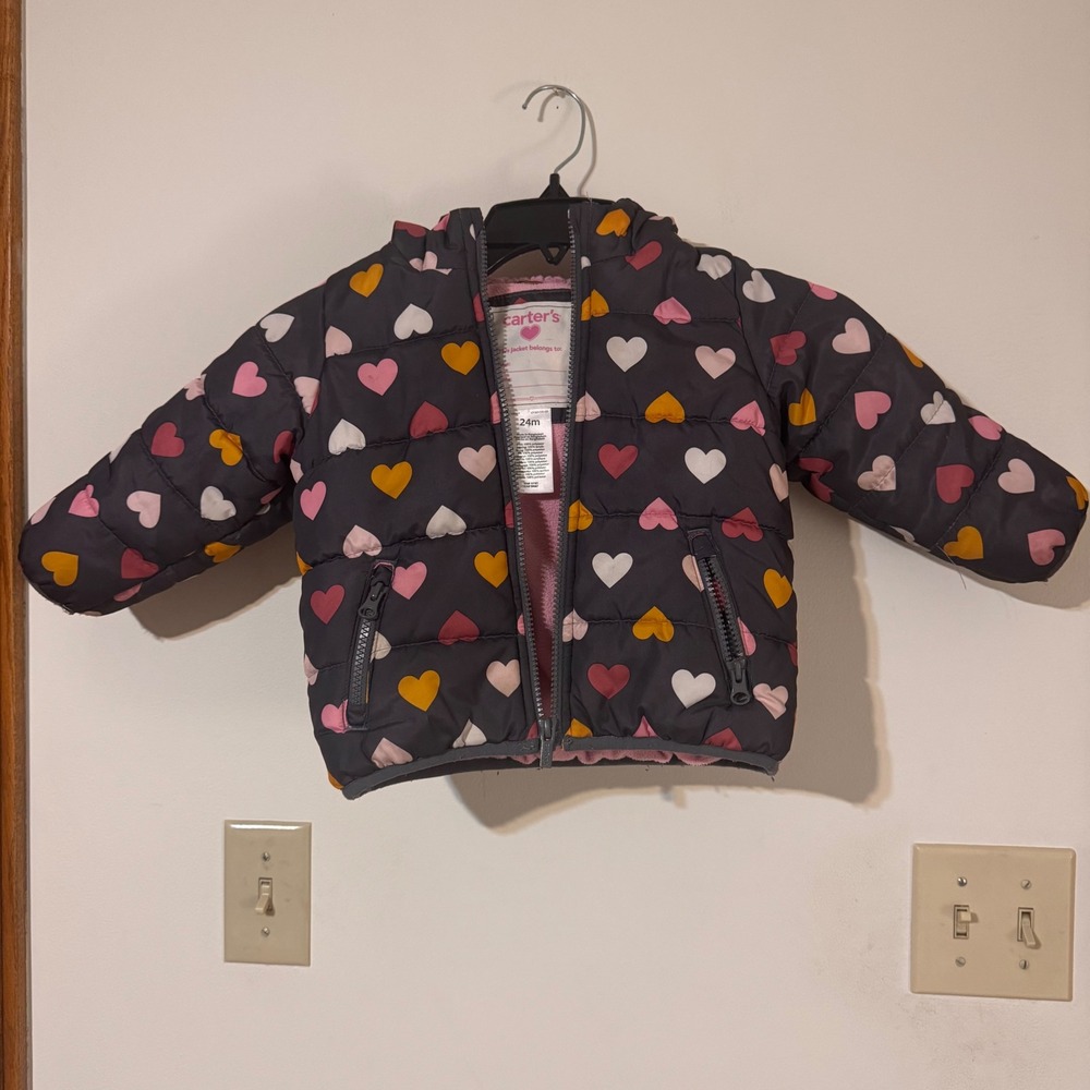 Carter's 24m Girls Puffer Jacket Pink Yellow White Hearts Hooded Zip Gray